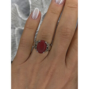 Vintage 925 Sterling Silver Red Jade & Marcasite Ring Size 6.5